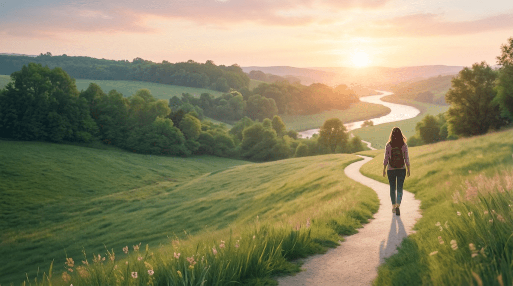 Person walking on a winding path with sunrise and text about obedience and faith from John 14:15